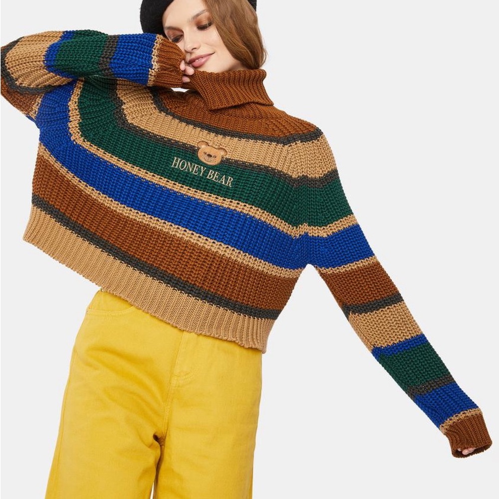 MINGA London Honey Bear Knitted Stripes Bear Embroidery Turtleneck Sweater Sz L